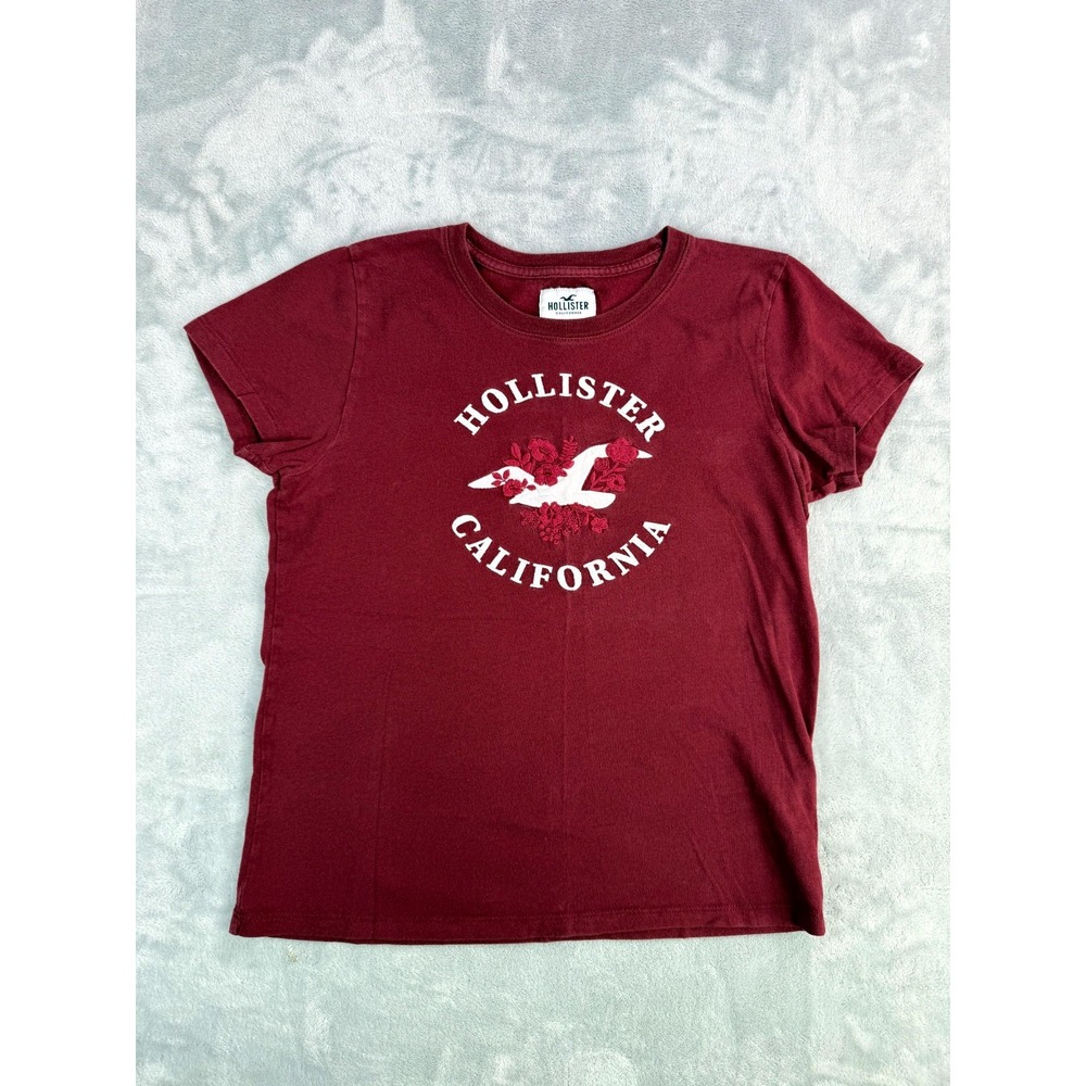 Hollister California T-Shirt Womens Small Burgundy Cotton Floral Seagull Logo